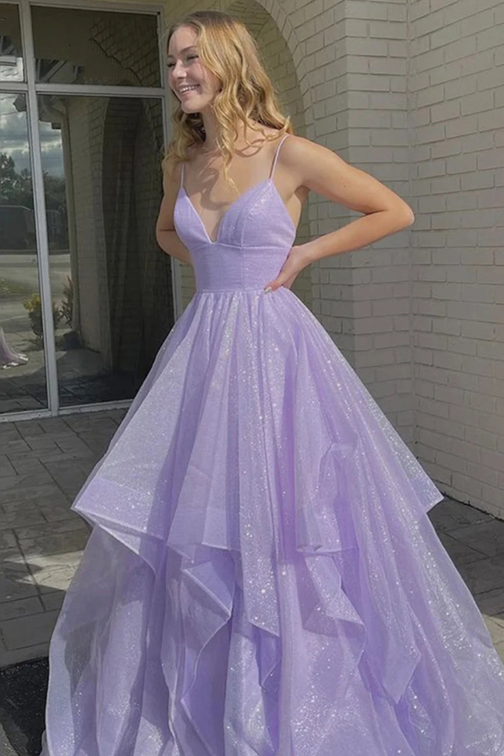 Long Lilac Prom Dress with Spaghetti Straps and Ruffles in an A-Line Cut