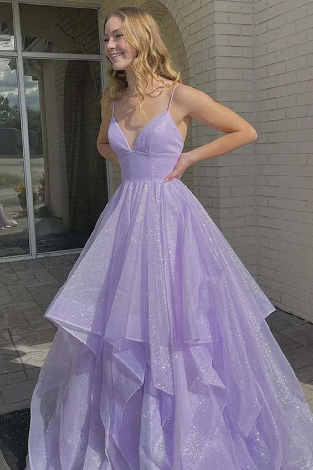 Long Lilac Prom Dress with Spaghetti Straps and Ruffles in an A-Line Cut