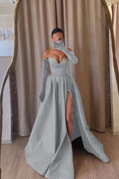 Strapless Sleeveless Long Split Formal Dress With Beading Long Gloves