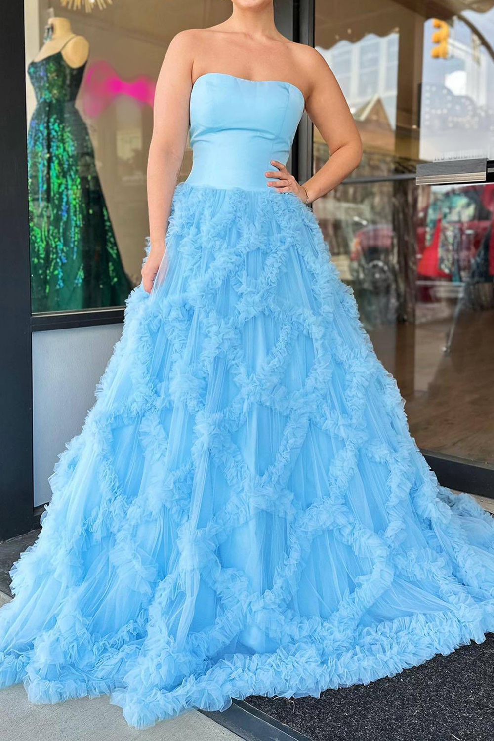 Blue Strapless Long Prom Dress with Elegant A Line and Ruffles