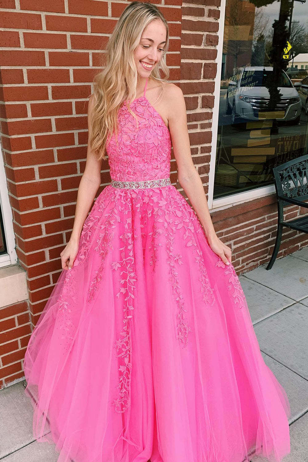 Long Pink Prom Dress with Appliques in Halter Style