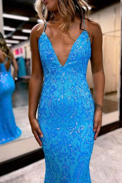 Long Blue Prom Dress with Mermaid Spaghetti Straps and Appliques