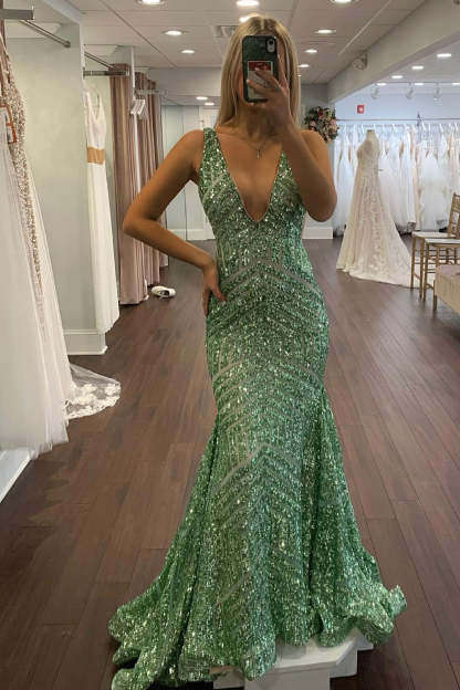 Deep V Neck Sequin Mermaid Prom Dress in Mustard Green
