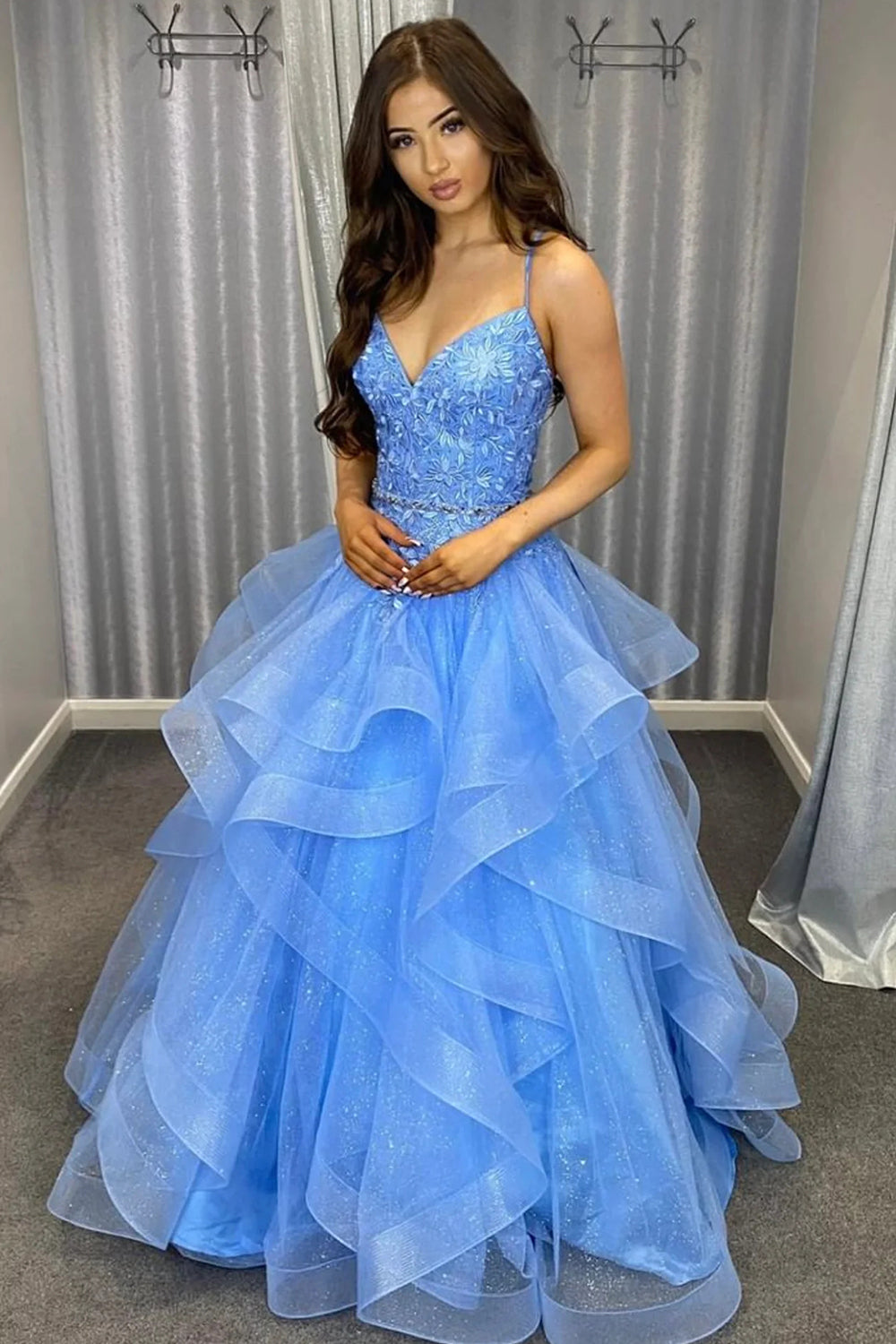 Blue Long Prom Dress with Spaghetti Straps and Appliques in an A-Line Silhouette