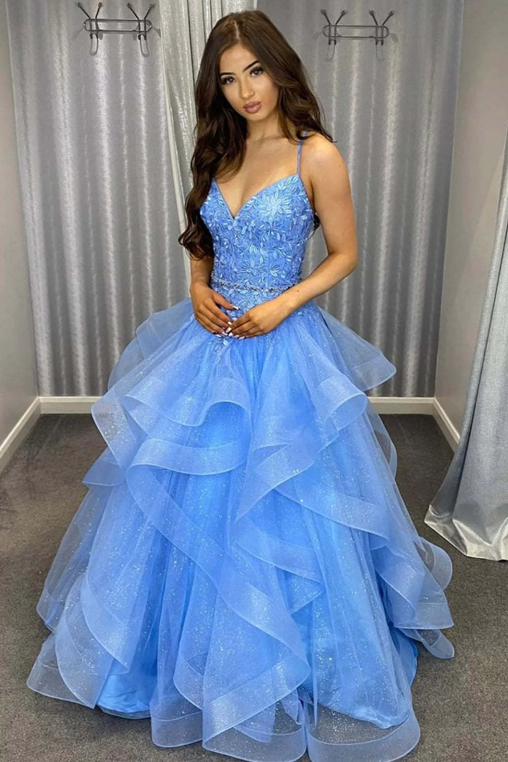 Blue Long Prom Dress with Spaghetti Straps and Appliques in an A-Line Silhouette