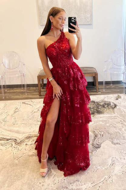 Light Purple Long Prom Dress with One Shoulder and Lace Ruffles in A-Line Princess Style