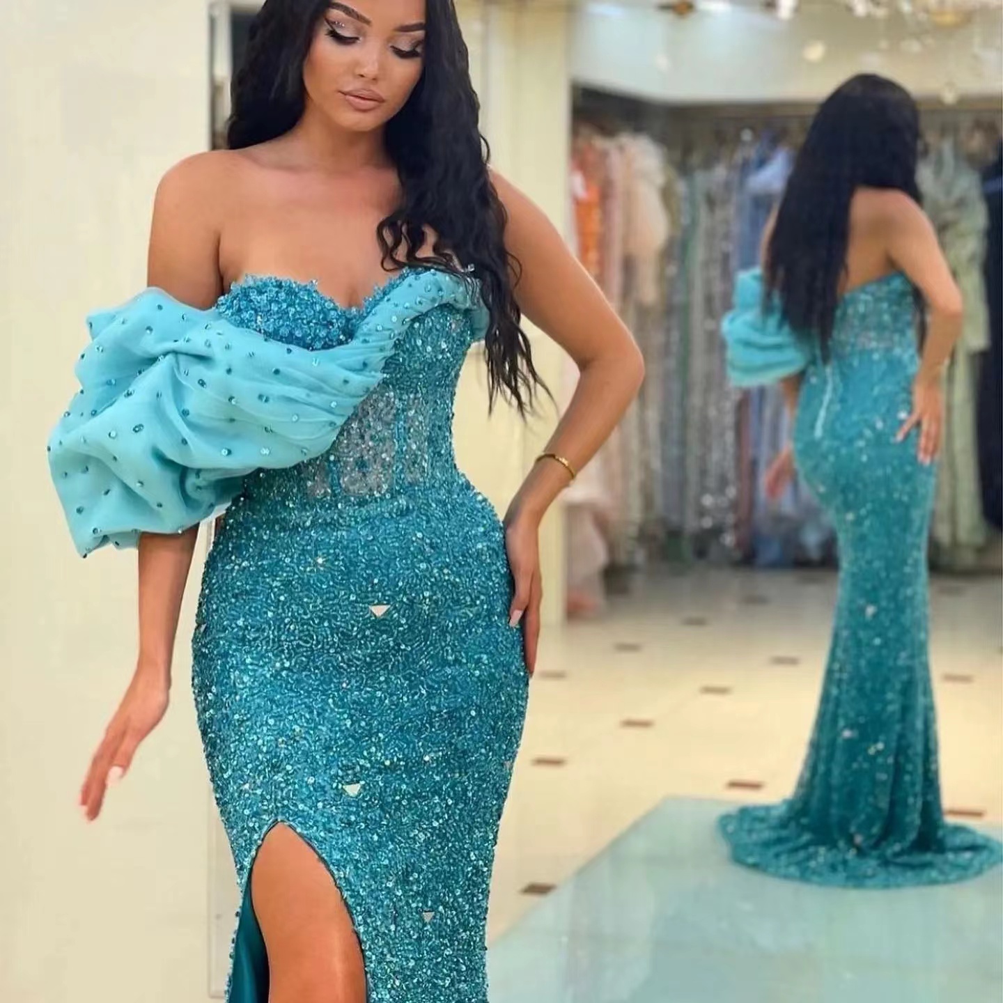 Gorgeous One Shoulder Mermaid Split Evening Dress With Sequins Sweetheart Off-The-Shoulder