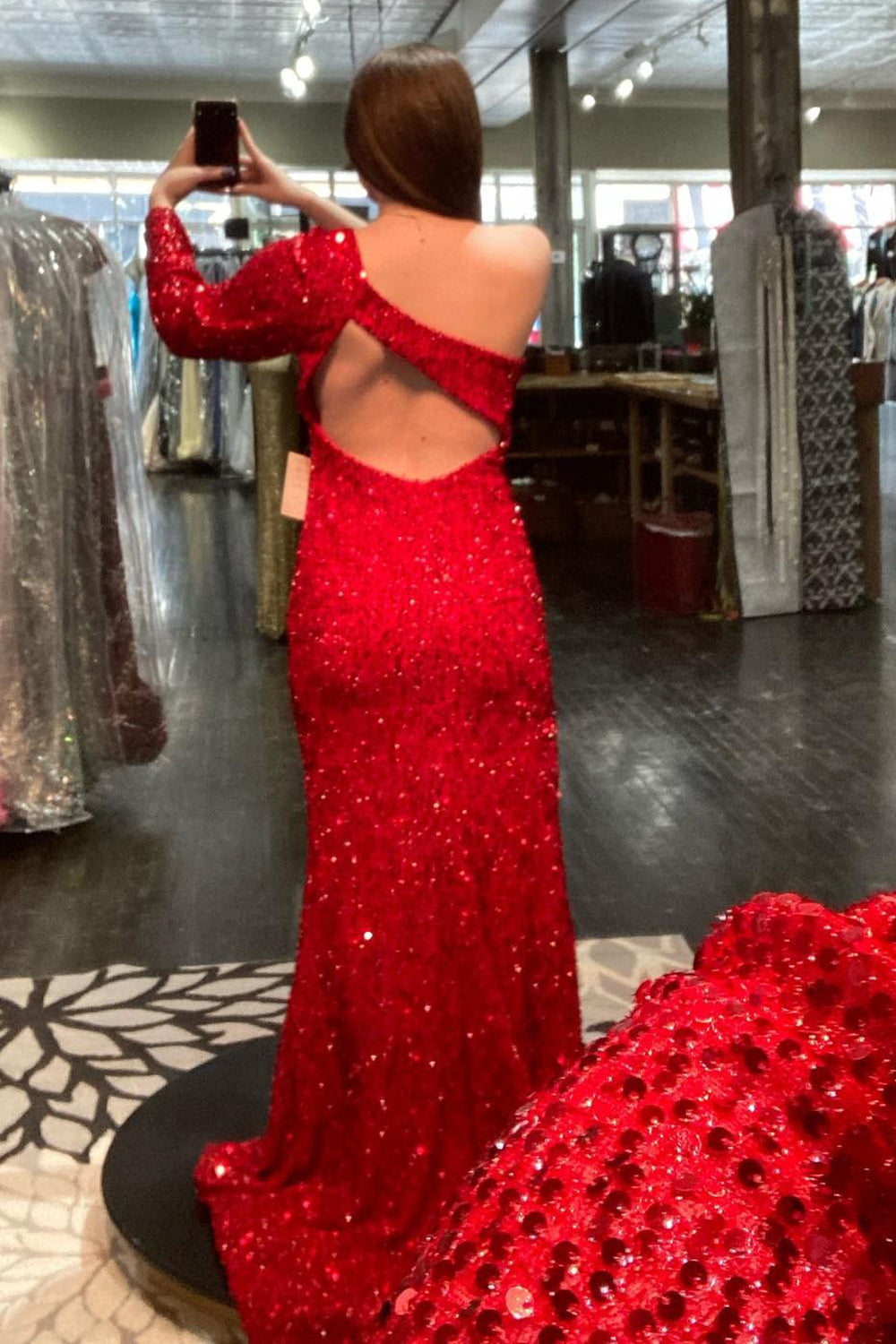 Red Sequined Mermaid Prom Dress with Silt and One Shoulder