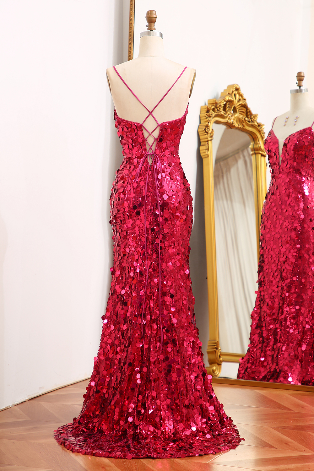 Long Sparkly Purple Prom Dress with Mermaid Silhouette Spaghetti Straps Sequins and Slit