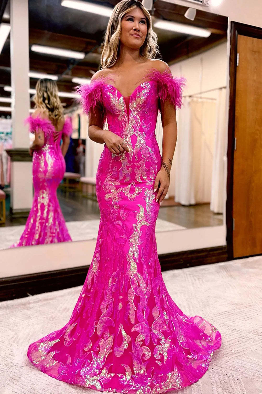 Orange Long Prom Dress with Feathers in a Mermaid Off-the-Shoulder Style