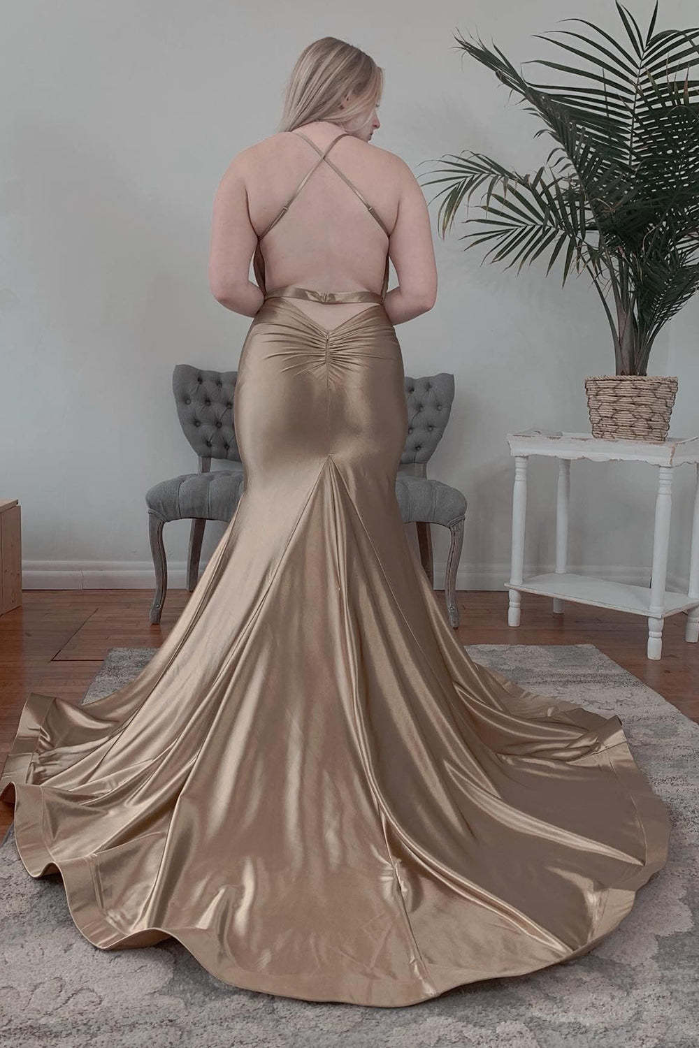 Backless Mermaid Prom Dress with Halter in Champagne