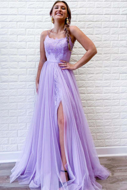 Prom Dress in Light Purple Tulle Featuring Lace