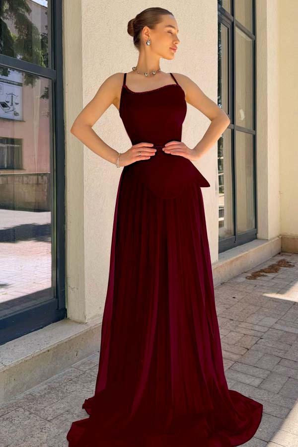 Spaghetti Strap Sleeveless Long Formal Dress With Pleated Sequins
