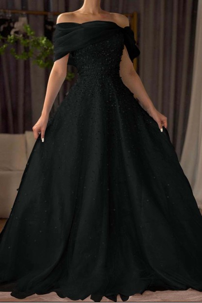 Off the Shoulder Sleeveless Long Formal Dress With Beading Tulle