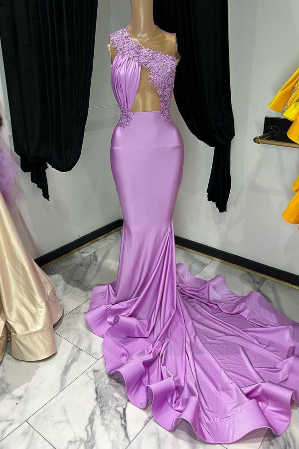 Elegant One Shoulder Sleeveless Appliques Mermaid Purple Evening Dress
