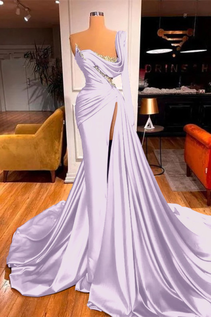 Purple Long Sleeves One-Shoulder Mermaid Beadings Evening Dress Split