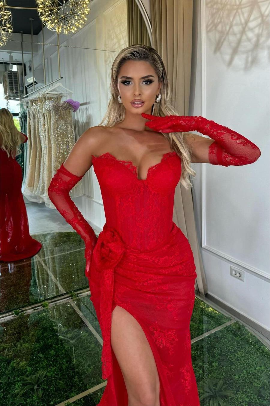 Red Strapless Split Sleeveless Mermaid Long Formal Dress With Long Gloves
