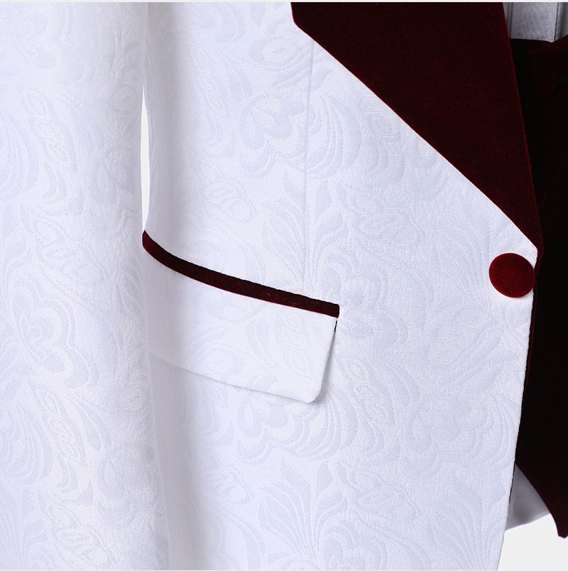 Modern Burgundy Lapel Wedding Tuxedo with White Jacquard