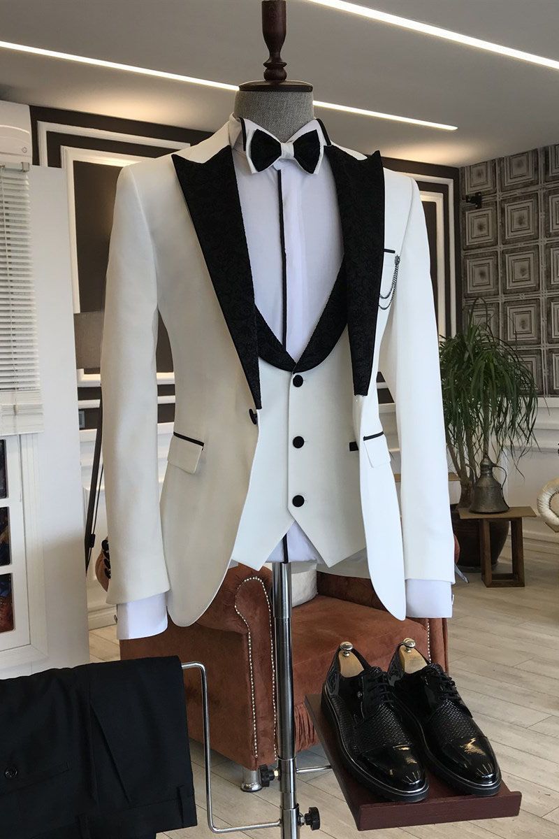Fashion White Party Prom Suits Three Pieces for Man Black Peaked Lapel