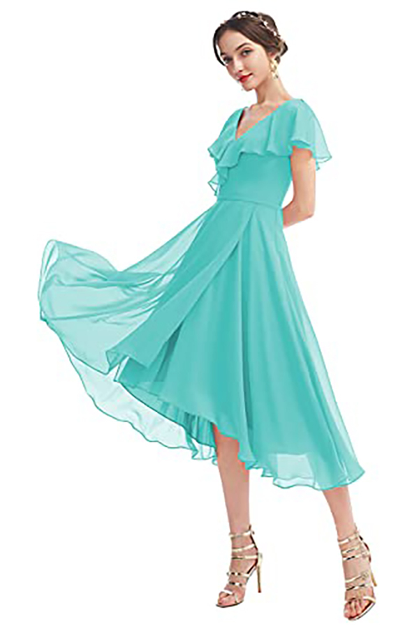 V-Neck Short Sleeve Ruffles Bridesmaid Dress