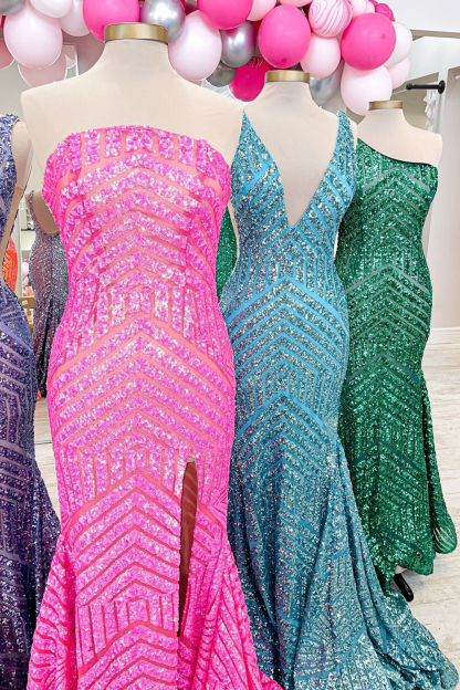 Long Strapless Prom Dress with Sky Blue Sequins