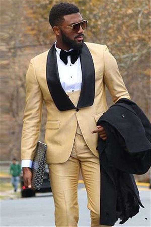 Champagne Formal Business Three-Piece Men's Suit with Black Lapel