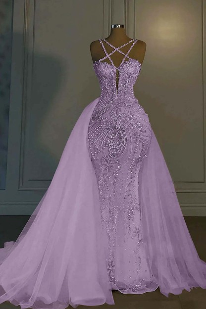 Halter Sleeveless Mermaid Long Formal Dress With Beading Tulle