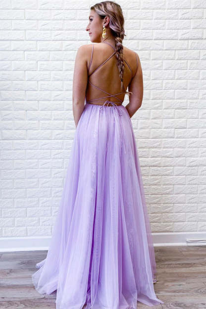 Prom Dress in Light Purple Tulle Featuring Lace