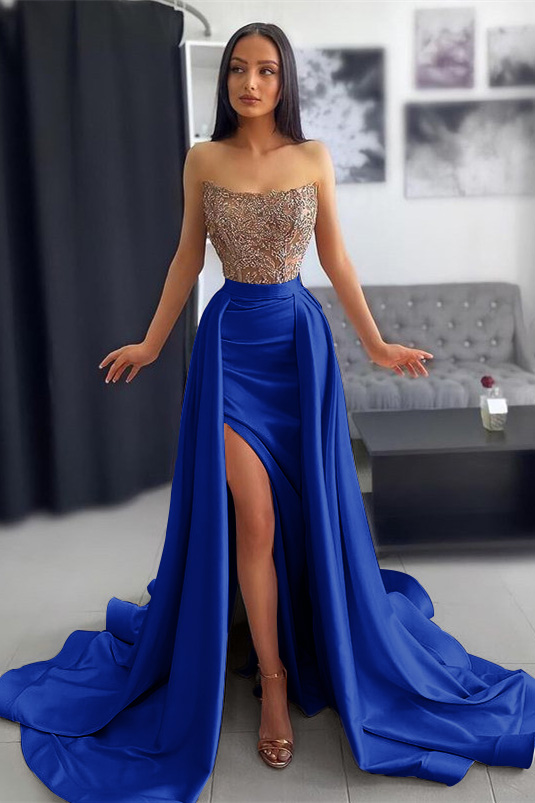 Strapless Dark Pink Slit Mermaid Prom Dress With Chic Sequins Ruffles Appliques