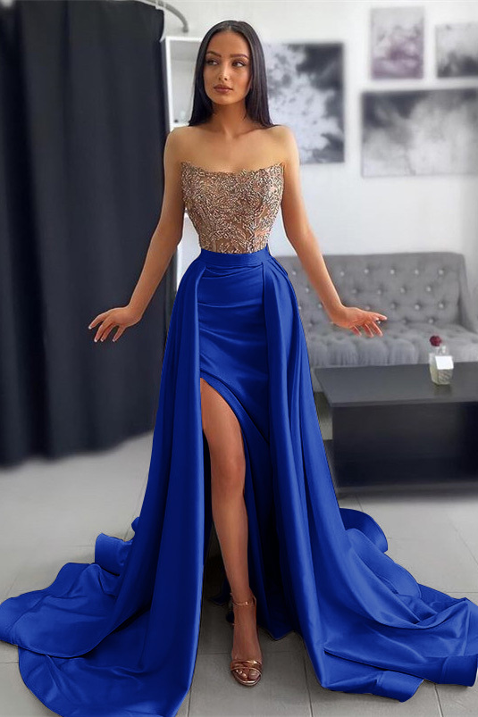 Strapless Dark Pink Slit Mermaid Prom Dress With Chic Sequins Ruffles Appliques