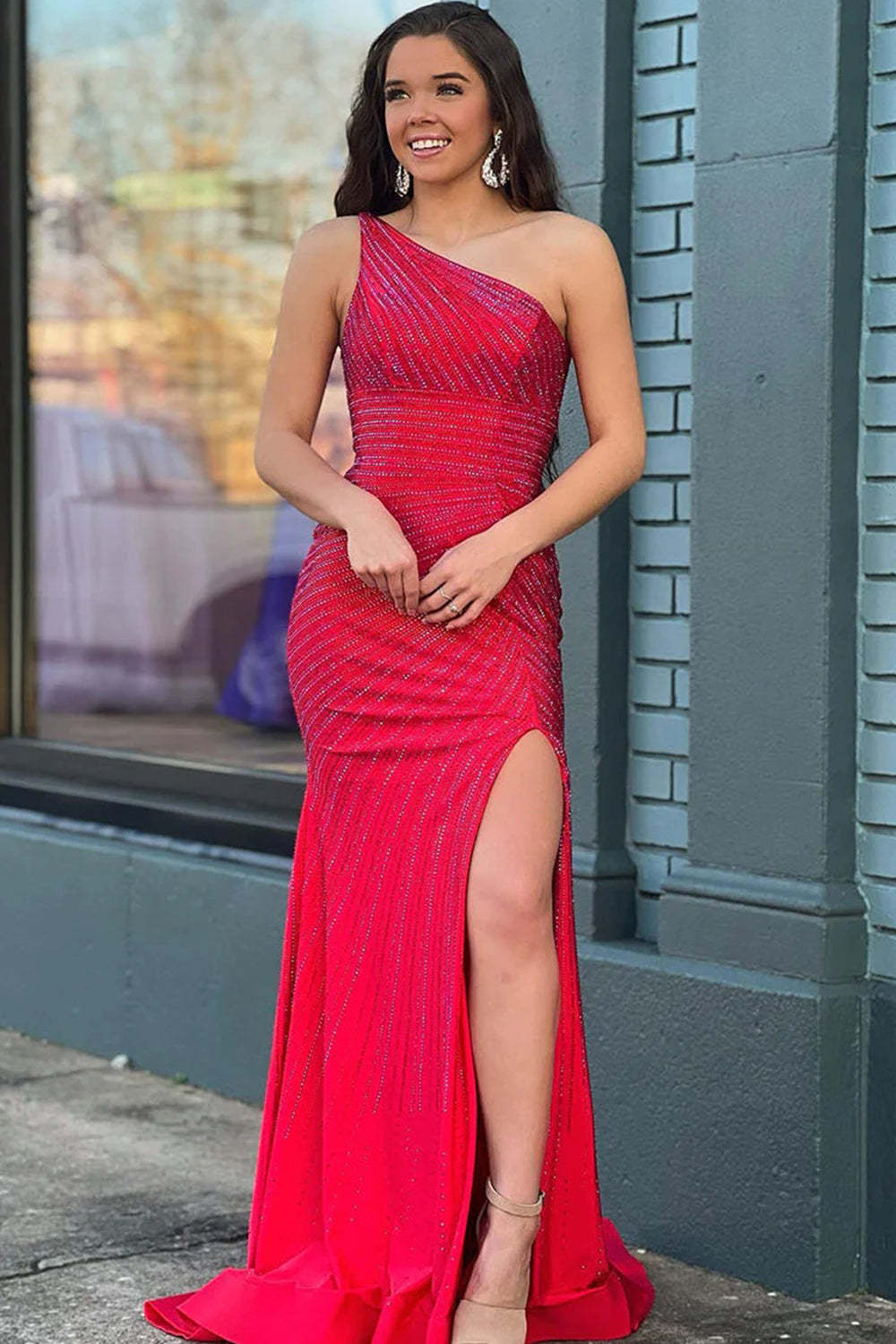 Long Burgundy Beaded Prom Dress with Sparkly Details and a One-Shoulder Slit