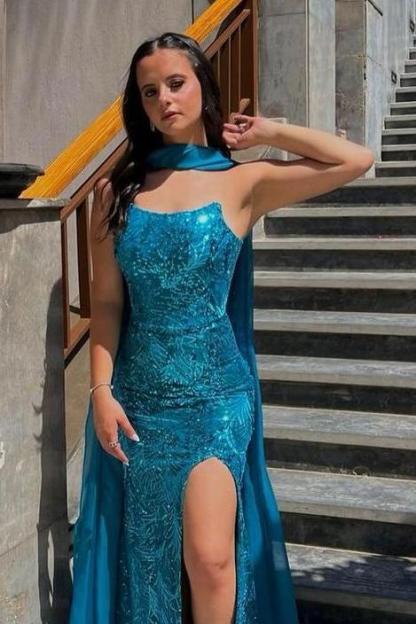 Charming Blue Strapless Sleeveless Pleated Long Formal Dress With Front Split