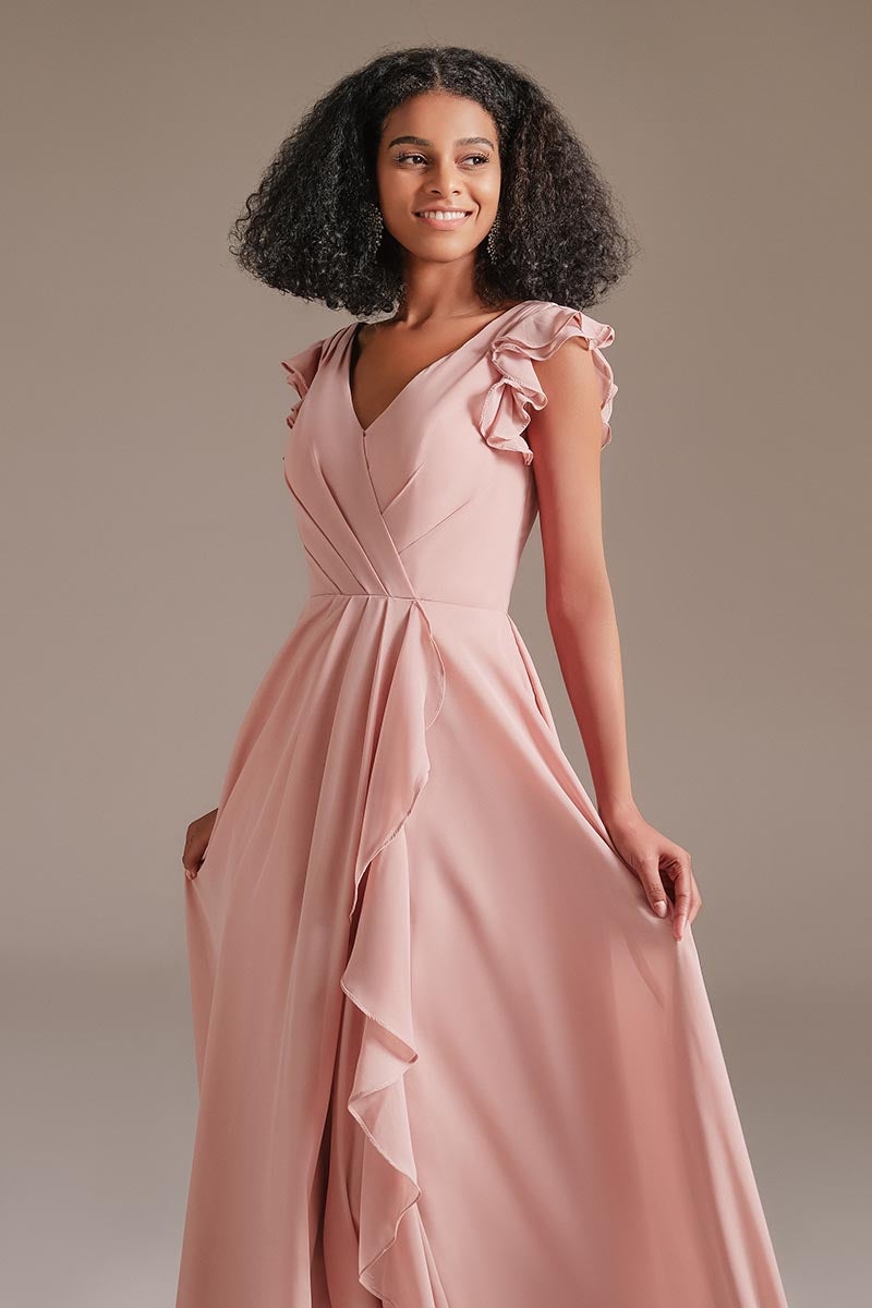 Dusty Rose Ruffles Sleeves Bridesmaid Dress with Pockets