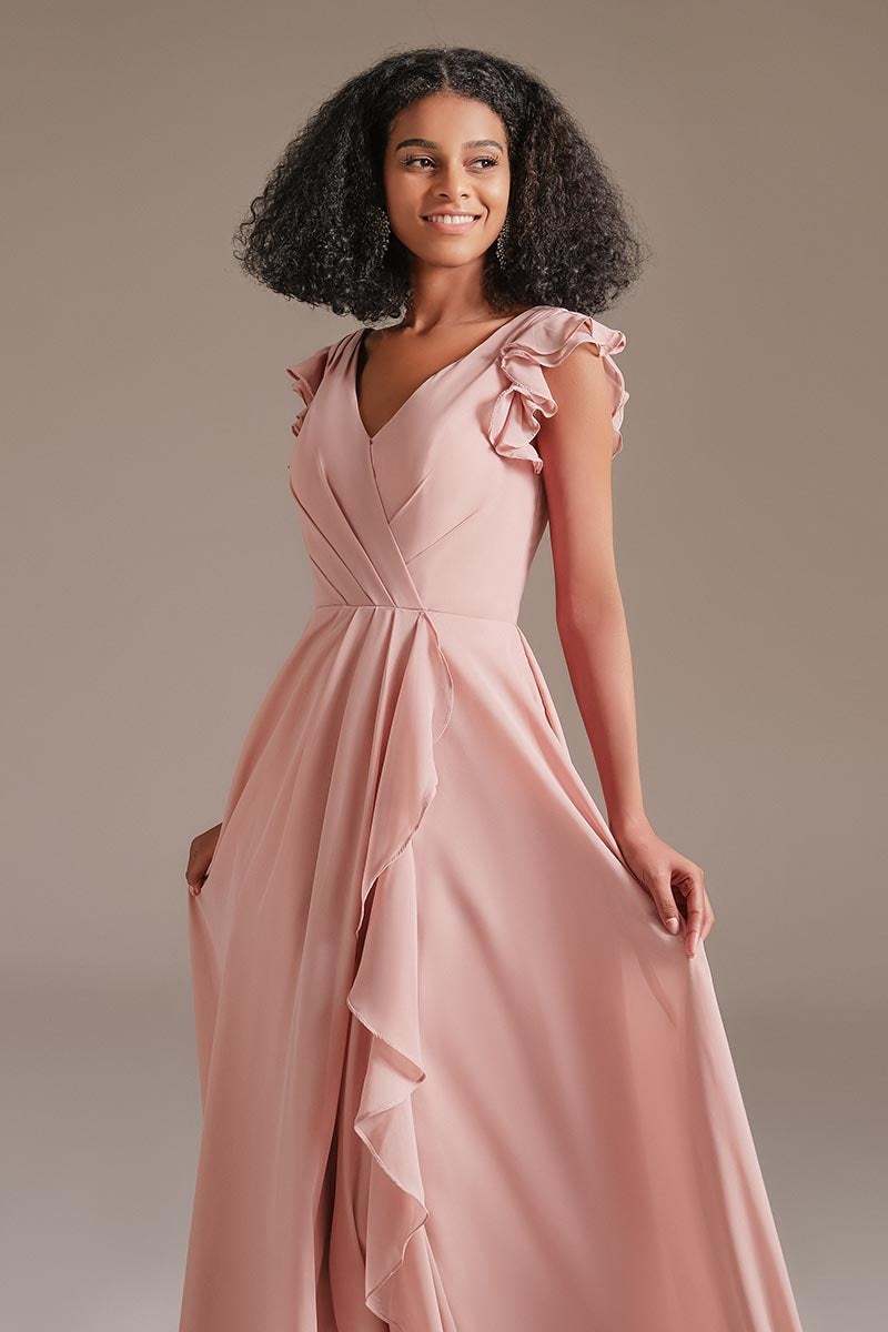 Dusty Rose Ruffles Sleeves Bridesmaid Dress with Pockets