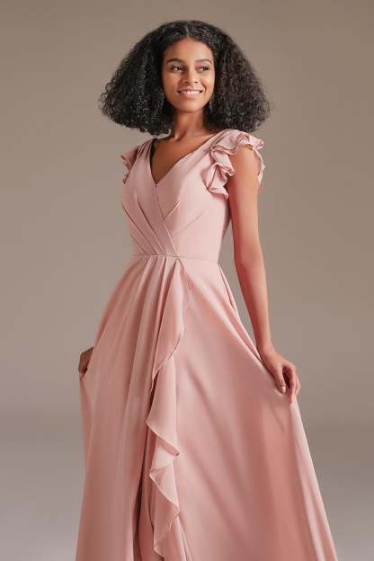 Dusty Rose Ruffles Sleeves Bridesmaid Dress with Pockets