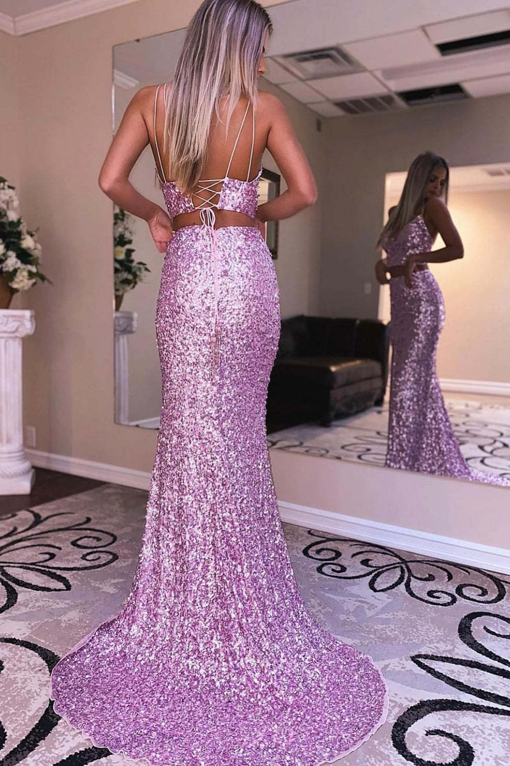 Orange Two-Piece Mermaid Prom Dress Featuring Sequins and a Slit