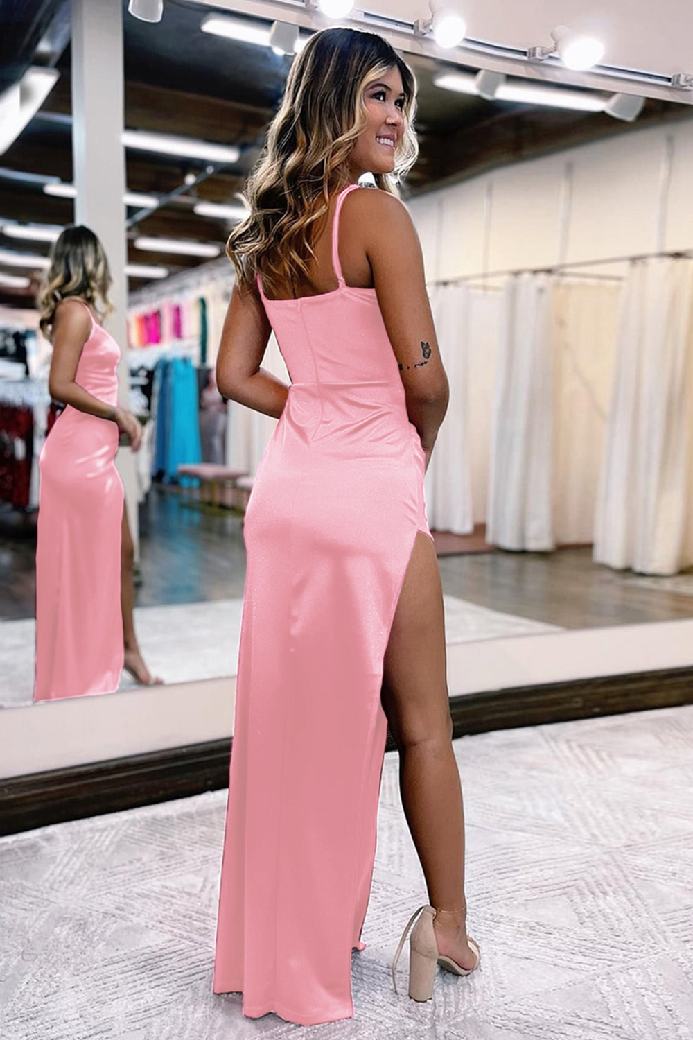 Simple V-Neck Prom Dress in Hot Pink Satin with Slit