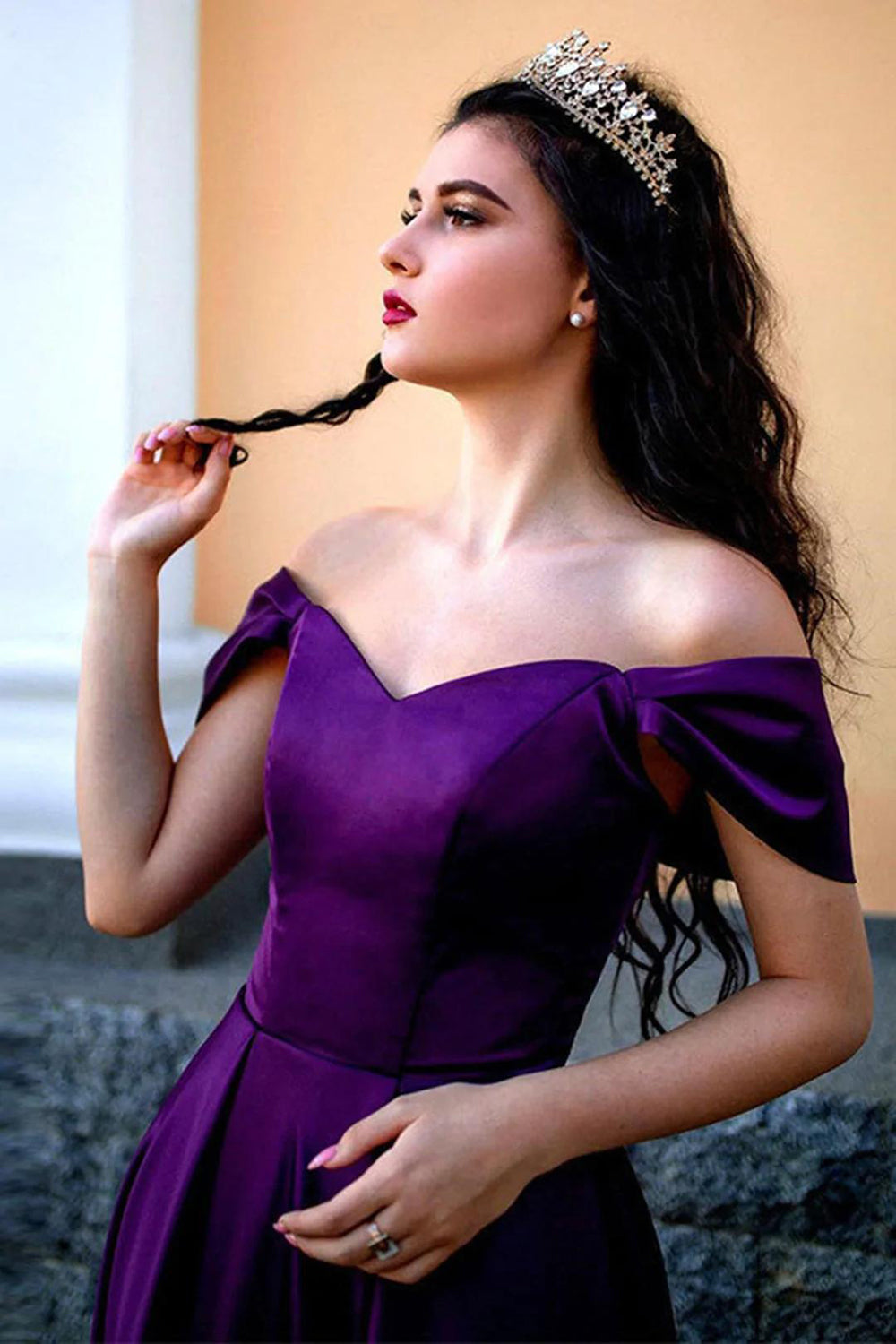 Long Purple Prom Dress with Off-the-Shoulder Neckline and Front Split