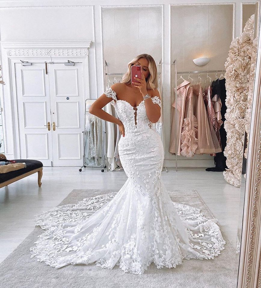 Glamorous Off-The-Shoulder Mermaid Backless Long Wedding Dress with Lace
