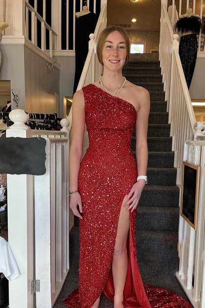 White Sequined Long Prom Gown with One Shoulder and Front Slit
