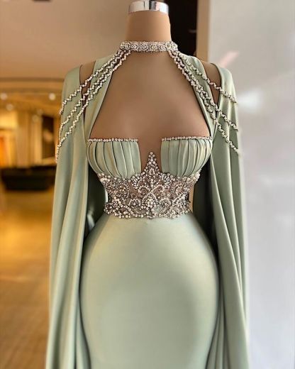 Elegant Straps Square Sage Green Mermaid Evening Dress With Beads