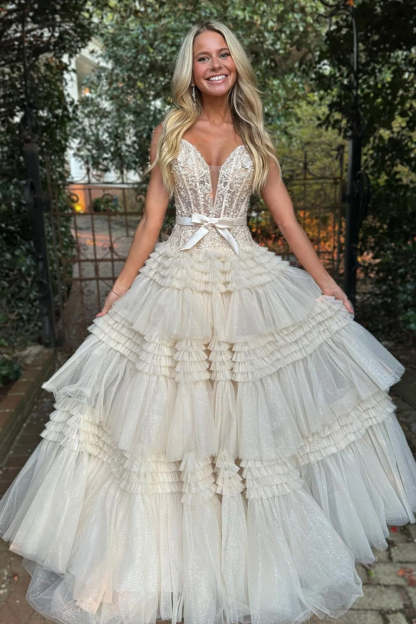 Ivory Off-the-Shoulder Princess A-Line Prom Dress with Ruffles