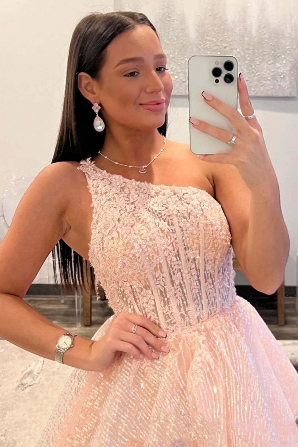 Pink Long Prom Dress with Ruffles in a One-Shoulder A-Line Design