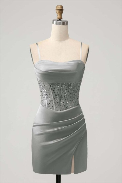 Green Sequins Spaghetti-Straps Short Mini cocktail Dress