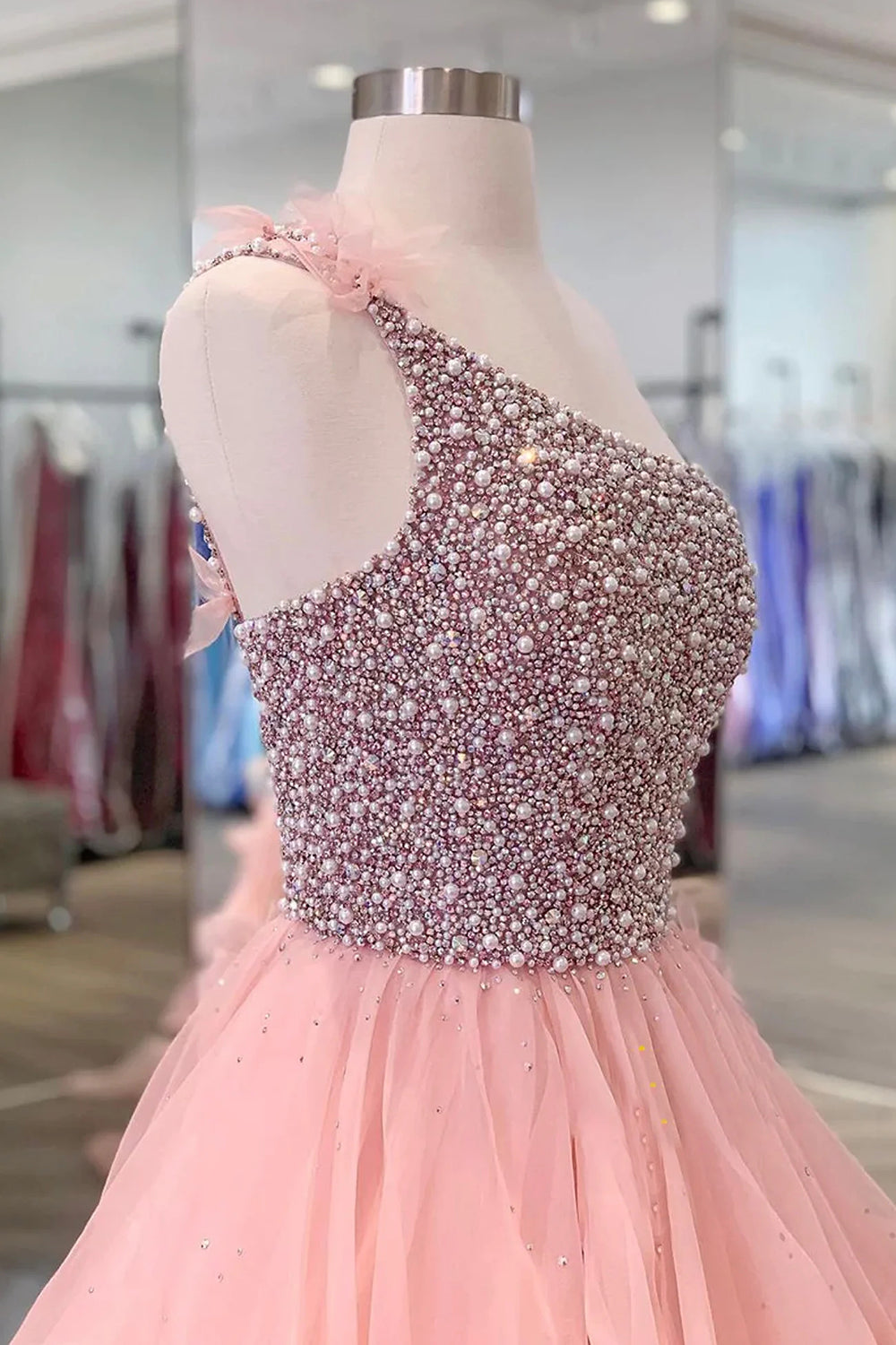 Pink Long Prom Dress with Beading Ruffles and One Shoulder A-Line Design