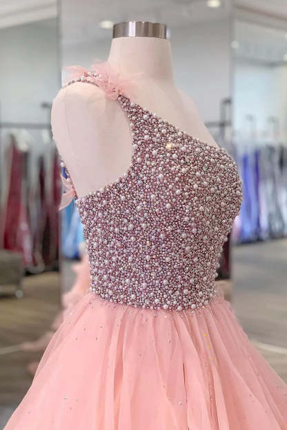 Pink Long Prom Dress with Beading Ruffles and One Shoulder A-Line Design