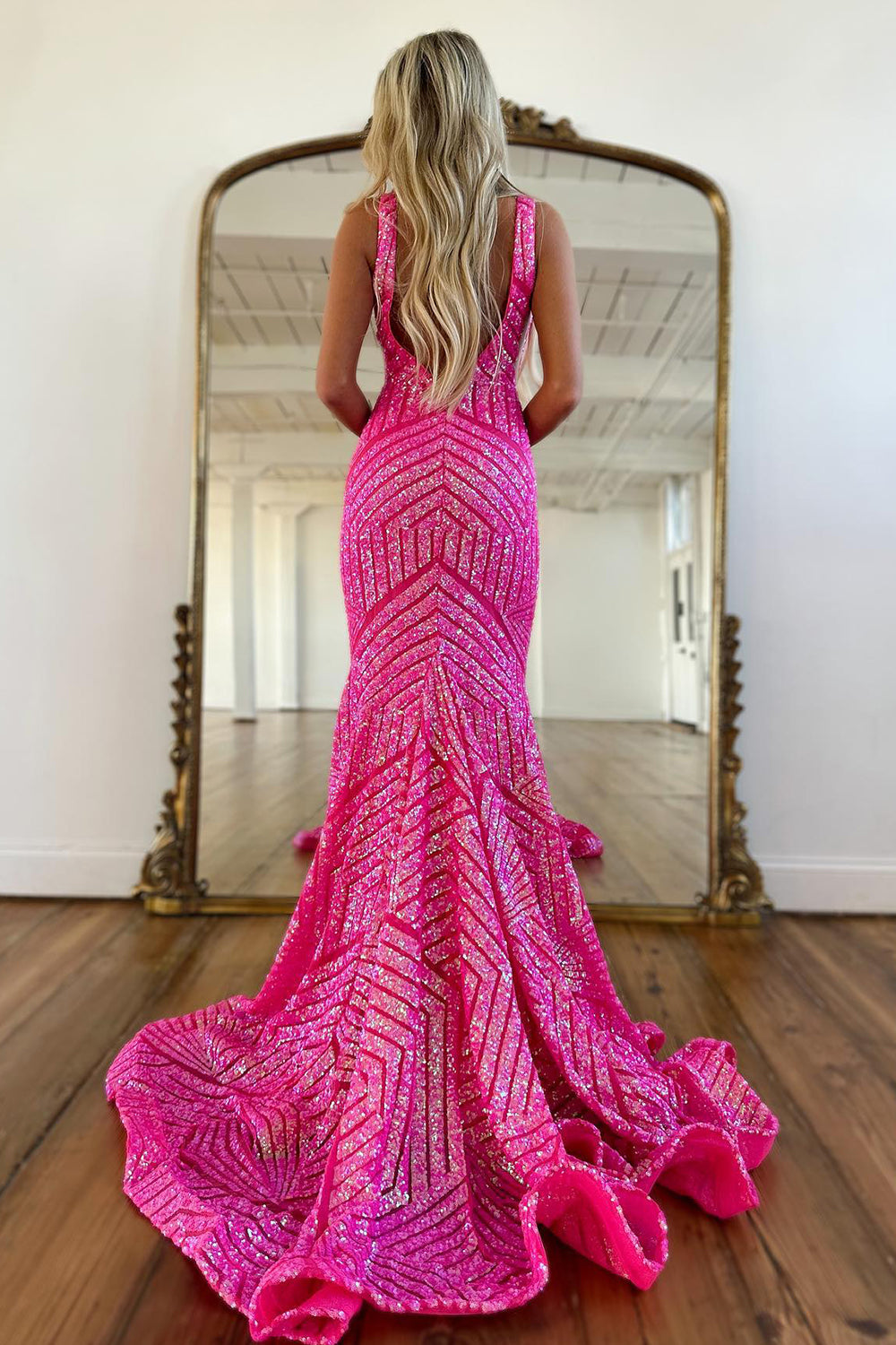 Long Prom Dress with Sparkly Blue Mermaid Cut and Red Sequins in Deep V Neck