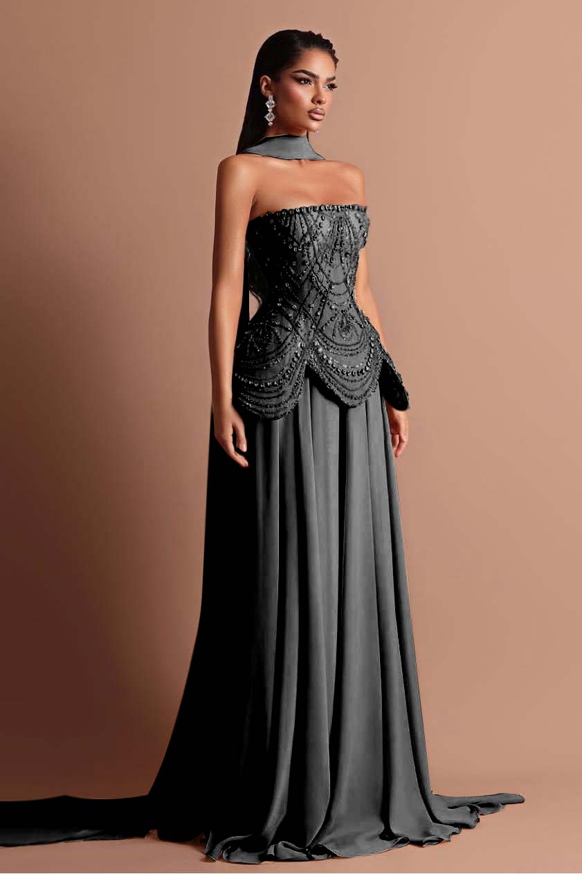 Strapless Sleeveless Long Formal Dress With Beading Pleated Wrap