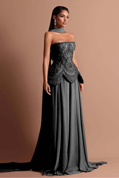 Strapless Sleeveless Long Formal Dress With Beading Pleated Wrap