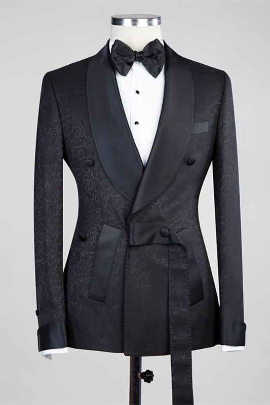 Black Shawl Lapel Double-Breasted Jacquard Wedding Suit